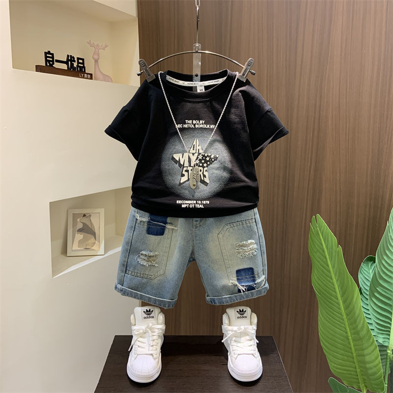 เด็กชายฤดูร้อนเด็กสูทเสื้อผ้าเด็กแขนสั้น 2024 สไตล์ใหม่เด็กทารกฤดูร้อนชุดสองชิ้น