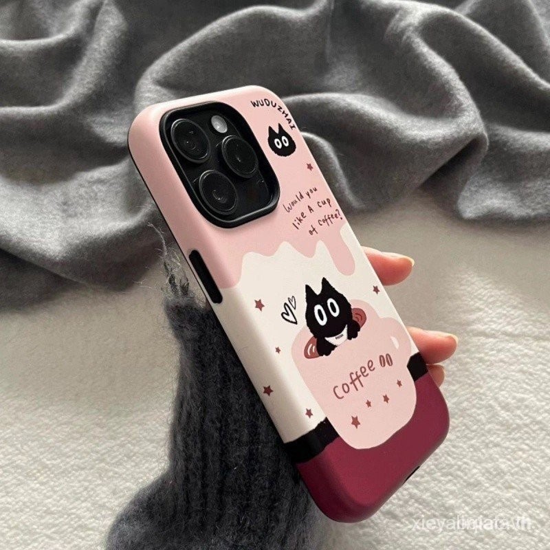การ์ตูนลูกแมวตกเป็นถ้วยกาแฟสองในหนึ่งเปลือกโทรศัพท์มือถือสําหรับ iPhone ที่ใช้งานได้ iPhone 13 14 Pro Max 15 plus เคสซิลิโคน XR 8 plus XR 7 plus XS Max ป้องกันการล่มสลาย 12 Pro Ma