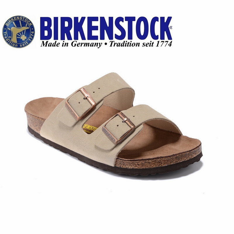 BIRKENSTOCK เบอร์เกนสต๊อก คอร์ก ผู้ชายและผู้หญิงฟลอริด้าสองปุ่มกํามะหยี่รองเท้าแตะสีเบจ 34-46