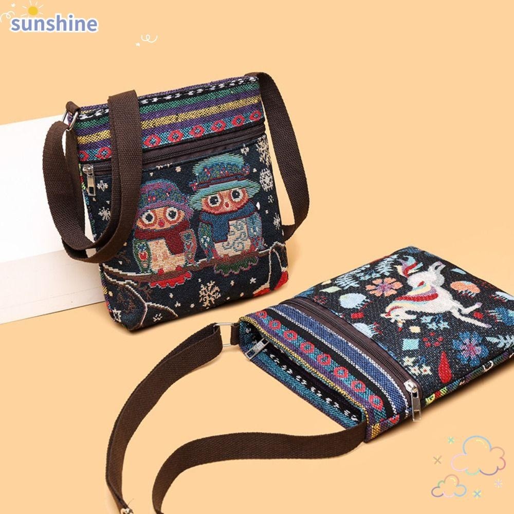 Ssunshine กระเป๋าสะพายข้าง,กระเป๋าสะพายไหล่ปักลายสไตล์ชาติพันธุ์,กระเป๋าทรงสี่เหลี่ยมความจุขนาดใหญ่ผู้หญิง