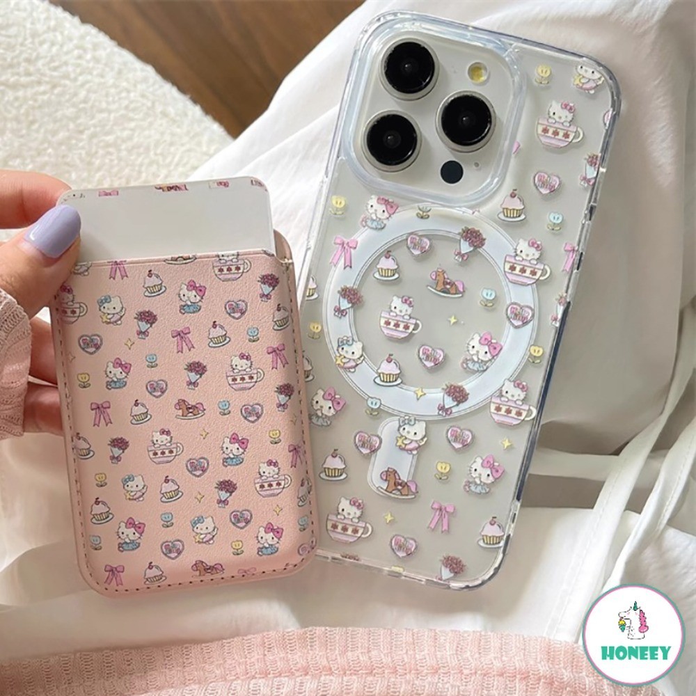เกาหลี Hello Kitty สีชมพูแม่เหล็กหนังช่องใส่การ์ดผู้ถือกระเป๋าเคสโทรศัพท์สําหรับ Iphone 11 15 14 Pro Max 12 13 Promax 14/15Plus XR XS Max 7Plus 8Plus Clear กันกระแทก Hard กระเป๋าสตางค์