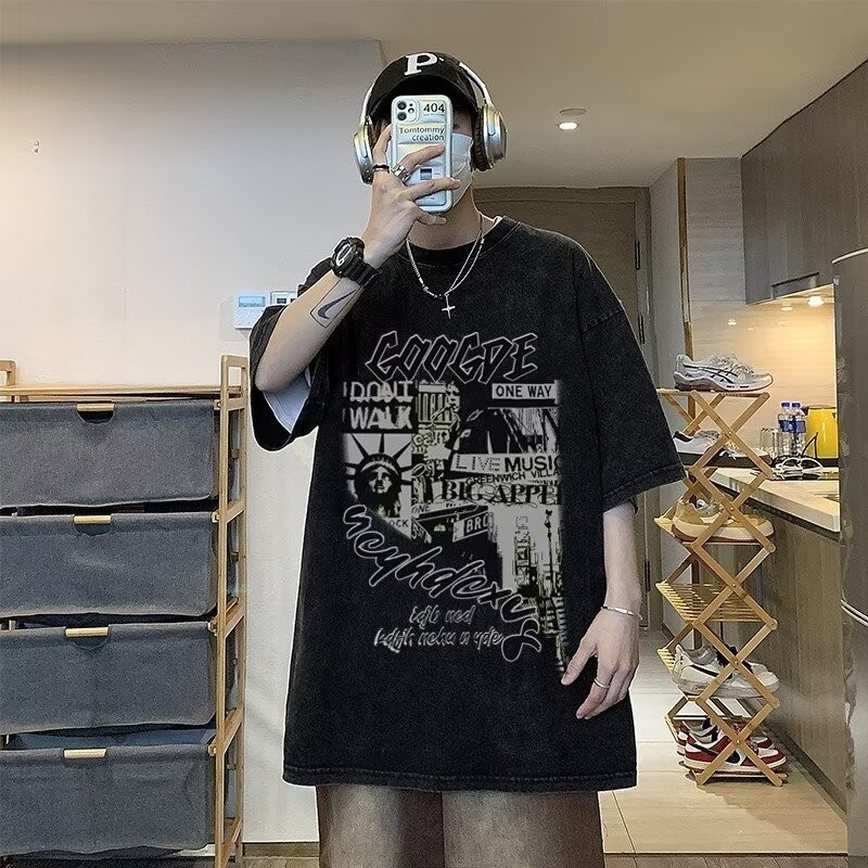 เสื้อยืดเก่าล้าง เสื้อยืดแขนสั้นลําลอง พิมพ์ลาย โอเวอร์ไซซ์ สไตล์เกาหลี ฮิปฮอป สตรีท ยอดนิยม สําหรับผู้ชาย ผู้หญิง #BW268