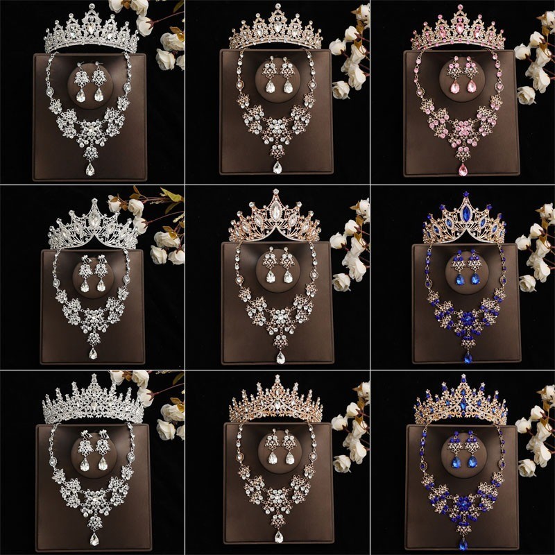3pcs/set Tiara ต ่ างหูสร ้ อยคอเจ ้ าสาวงานแต ่ งงานชุดเครื ่ องประดับพรหมประกวดเปิดตัวเจ ้ าหญิง Queen Headdress