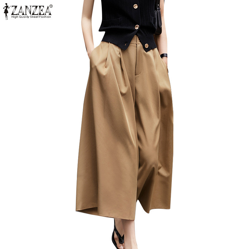 Zanzea ผู ้ หญิงเกาหลีลําลองสีธรรมดาขากว ้ างเอวสูงกางเกงซิปหลวม