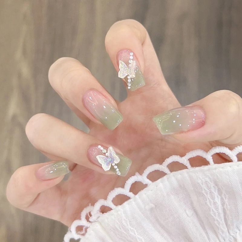 [Best-seller on douyin~]Manicure Wear Nail New Fresh White Dream Gradient Green Aurora Butterfly Pearl UV Nail Beauty Patch4.19