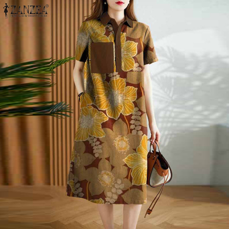 Zanzea ผู ้ หญิงเกาหลีลําลองแขนสั ้ นพิมพ ์ Turn-Down-Collar Pockets Shirtdress - รูปที่ 3