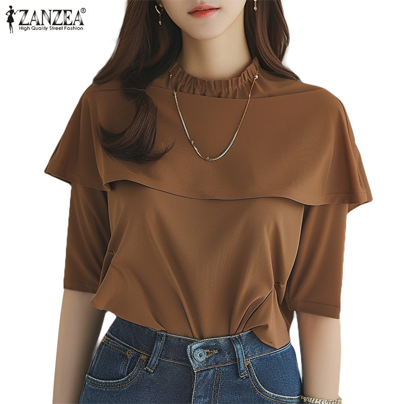Zanzea ผู ้ หญิงเกาหลีปลอมสองชิ ้ นคอกลมสีทึบเย ็ บปะติดปะต ่ อกันครึ ่ งแขนเสื ้ อ