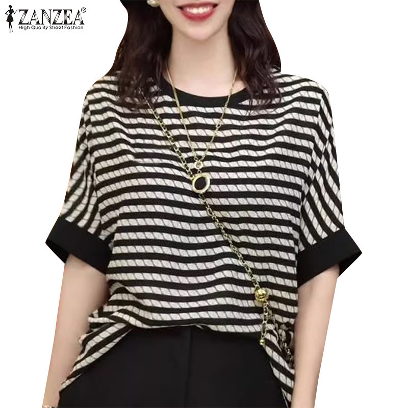 Zanzea เสื ้ อหลวมแขนสั ้ นลายทางลําลองผู ้ หญิงเกาหลี