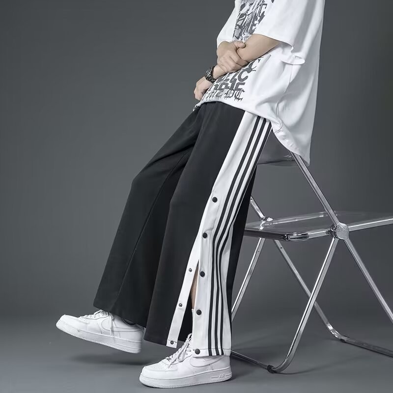 Unisex Striped Split Sweatpants กางเกงกีฬาบาสเก ็ ตบอลหลวมสําหรับผู ้ ชายสีดําสีเทา