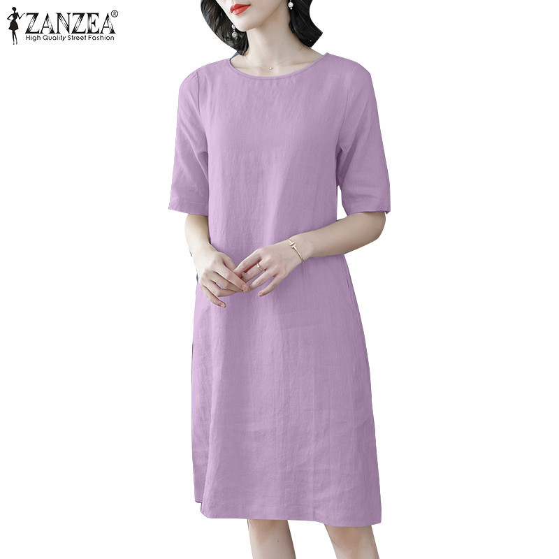 Zanzea ผู ้ หญิงเกาหลีคอกลมกลับผ ่ าครึ ่ งแขนหลวมสีทึบชุด