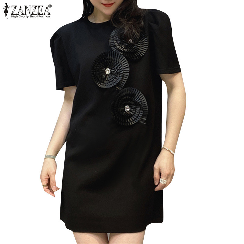 ZANZEA ใส่ ซานเซีย ผู้หญิงเกาหลีลําลองรอบคอตกแต่งดอกไม้พัฟแขนชุด