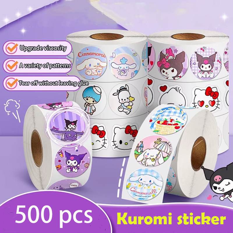 SANRIO 500ชิ้น/ม้วน ซานริโอ สติกเกอร์วัสดุตกแต่ง คุโรมิ ซินนามอนโรล ปิดผนึกสติกเกอร์ซองจดหมายปิดสติกเกอร์ลายจุดสติกเกอร์ป้าย