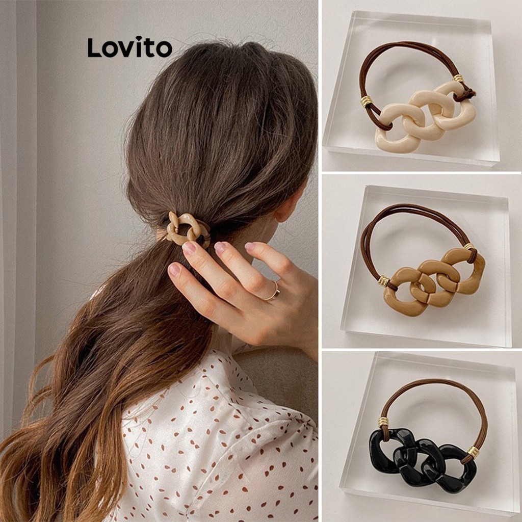 Lovito ยางรัดผมผู้หญิง อเนกประสงค์ แต่งสายโซ่ สีพื้น สไตล์ลำลอง LFA13321