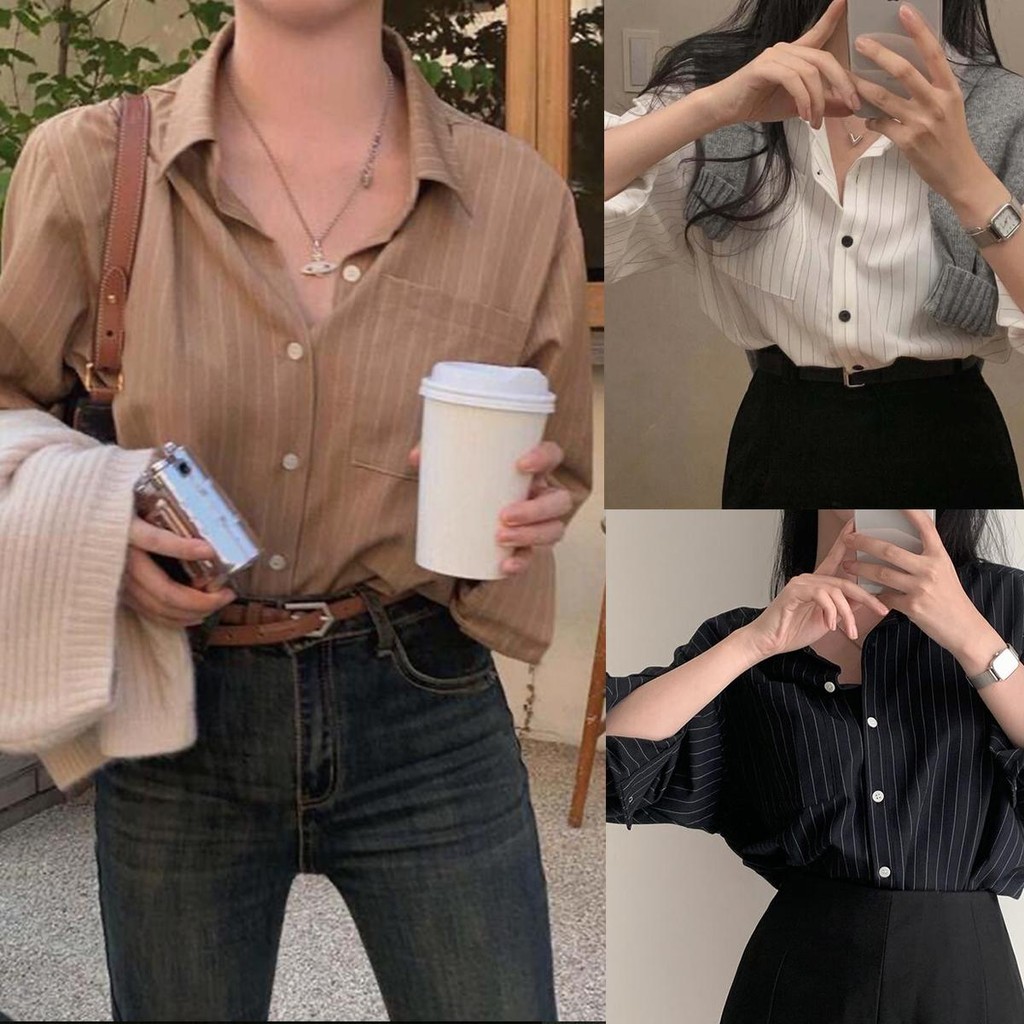 mimi&didi#เสื้อเชิ้ตแขนยาวลายทางตรงคอปก เสื้อแฟชั่นผู้หญิง แฟชั่นสไตล์เกาหลี สุดชิค ใส่ทำงาน ทุกกาลเทศะ เก๋ๆ#W421