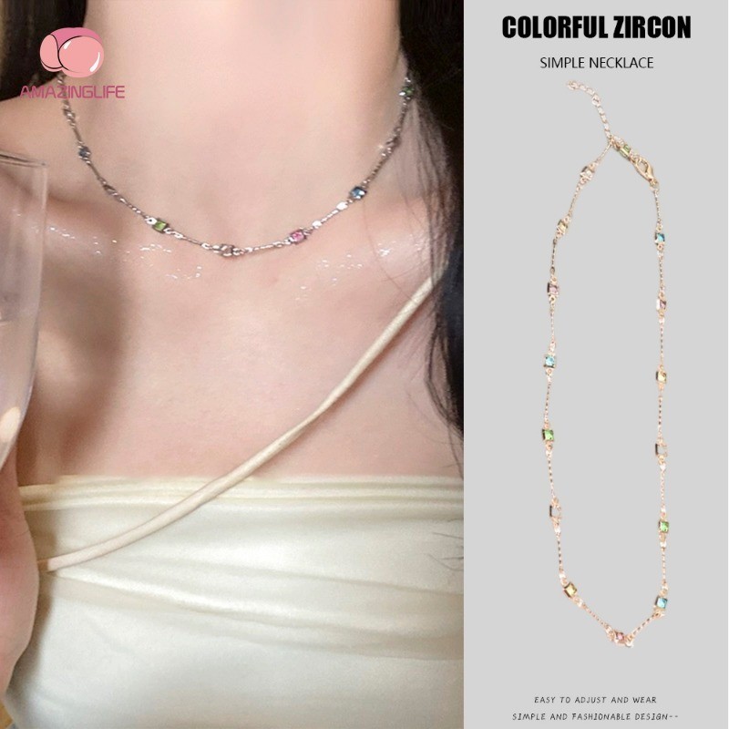 ผู้หญิงสาวที่มีสีสันเพทายที่เรียบง่ายสแควร์คริสตัลสร้อยคอพลอย-แฟชั่นย้อนยุคกระดูกไหปลาร้าโซ่ เขี้ยว สร้อยคอ-เครื่องประดับสวมใส่อุป