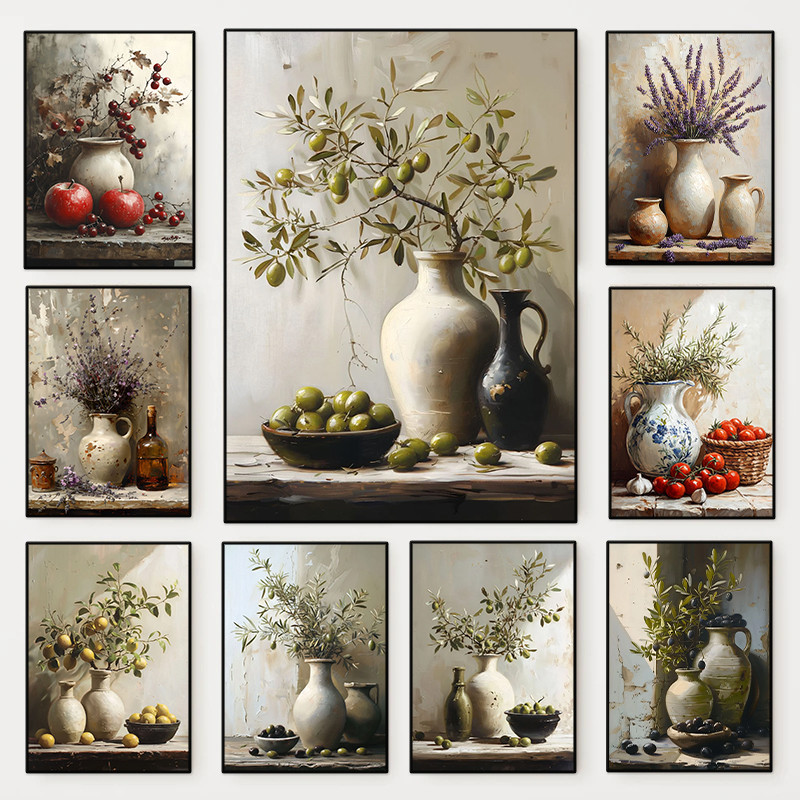 Vintage Rustic Still Life พืชผลไม้โปสเตอร์ Flora Olive สาขา Bounty ภาพวาดผ้าใบ Retro Wall Art ห้องครัวตกแต่งบ้าน