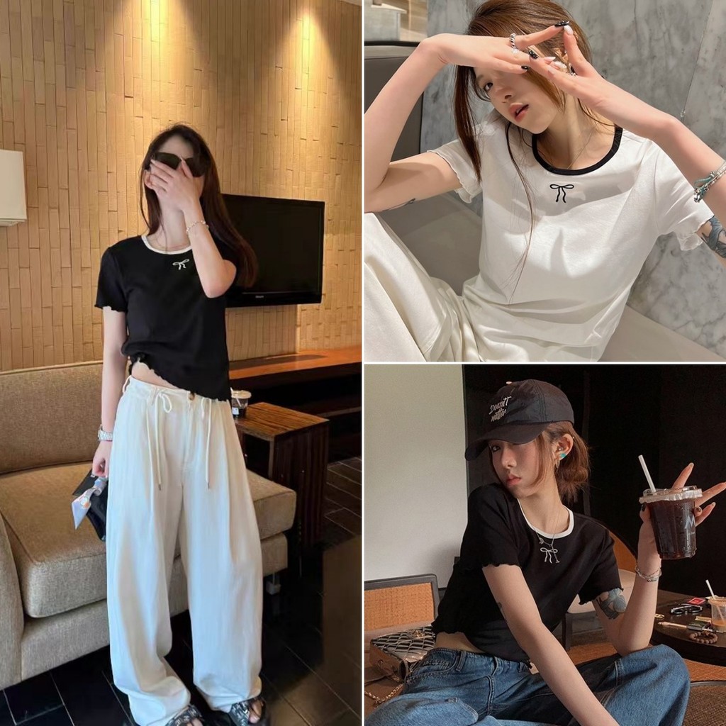 Betty house🌸พร้อมส่ง เสื้อยืดคอกลมแขนสั้นสไตล์เกาหลีเรียบง่ายสำหรับผู้หญิง เสื้อยืดแขนสั้นโบว์สีตัดกัน
