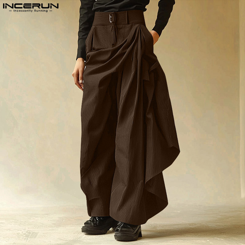 Incerun ผู้ชายอินเทรนด์เกาหลี Pleats Patchwork Design กางเกงขากว้างแข็ง - รูปที่ 3