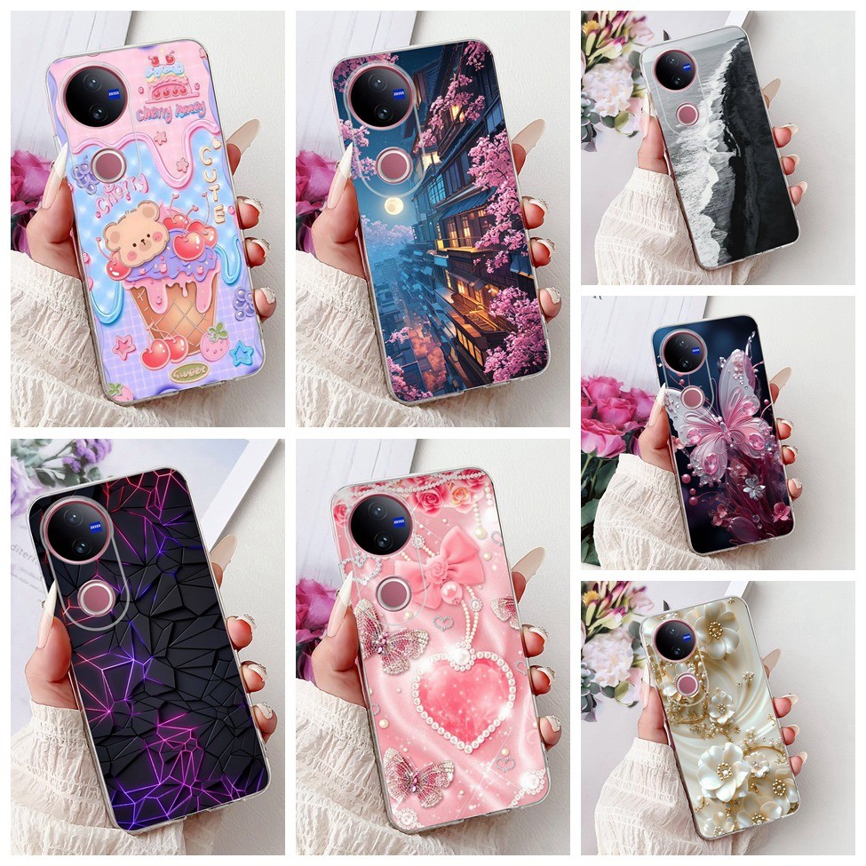 สําหรับ Vivo V50 V2427 แมวน่ารักแฟชั่นดอกไม้การ์ตูน Cool Clear TPU ปกหลังสําหรับ V50 Vivo V 50 เคสโท