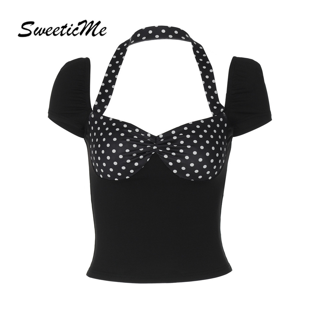เสื้อสตรี SweeticMe 2025 เสื้อยืดแขนสั้นลายจุดแฟชั่นใหม่