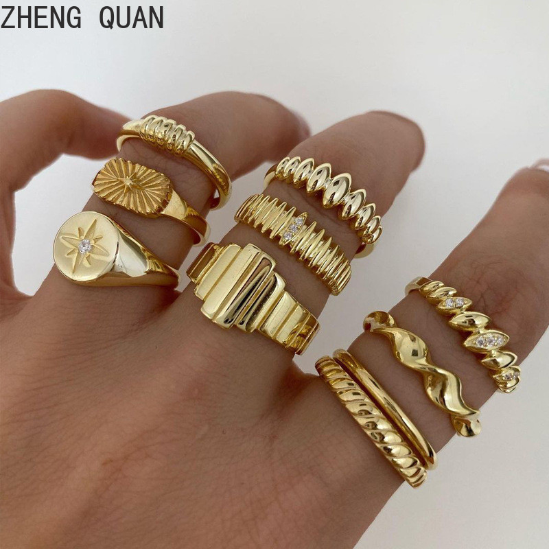 10 ชิ้น/เซ็ตแฟชั่น Retro Geometric Joint แหวนชุด Octagons เพชร 18 K Gold Plated แหวนนิ้วมือสําหรับผู้หญิง Vintage เครื่องประดับวันหยุดของขวัญ