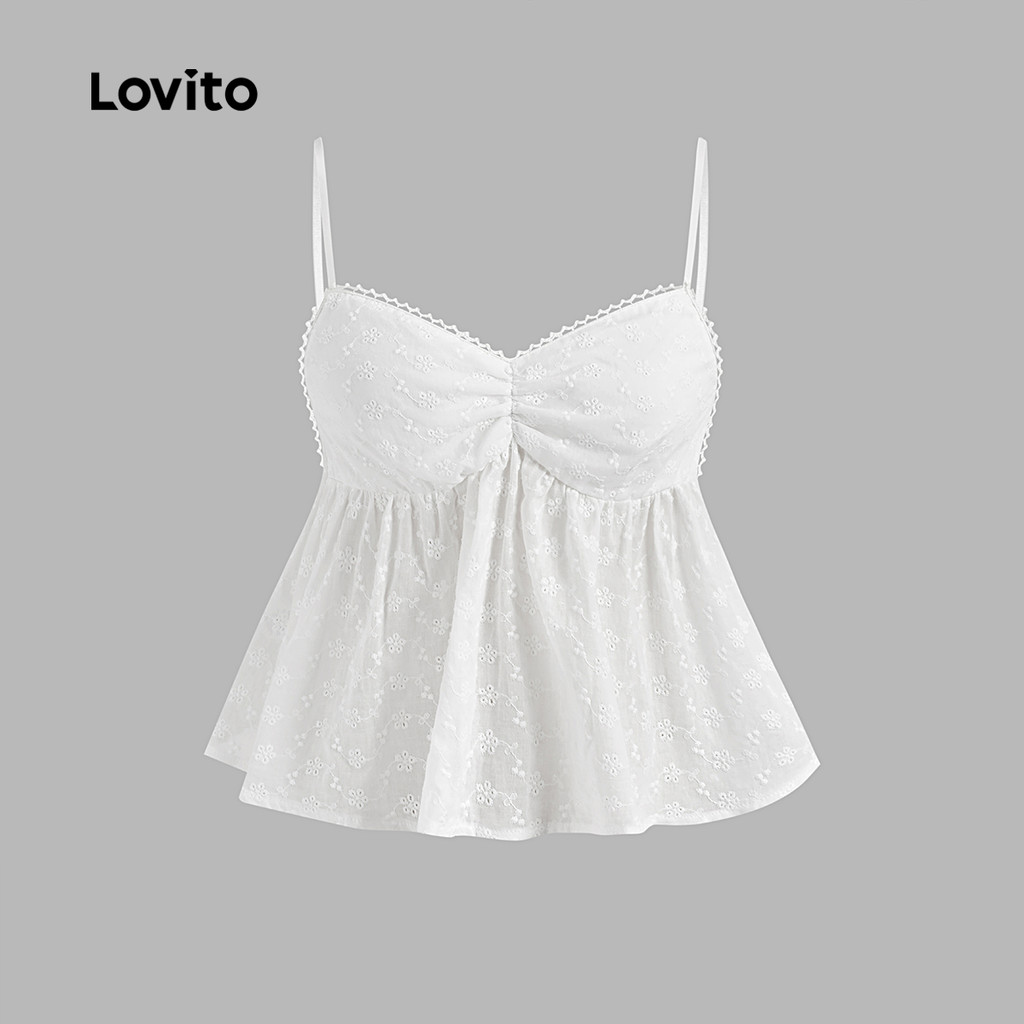(Trendy) Lovito เสื้อกล้ามโบว์ปักตาไก่จีบธรรมดาแบบลําลองสําหรับผู้หญิง L125AD471