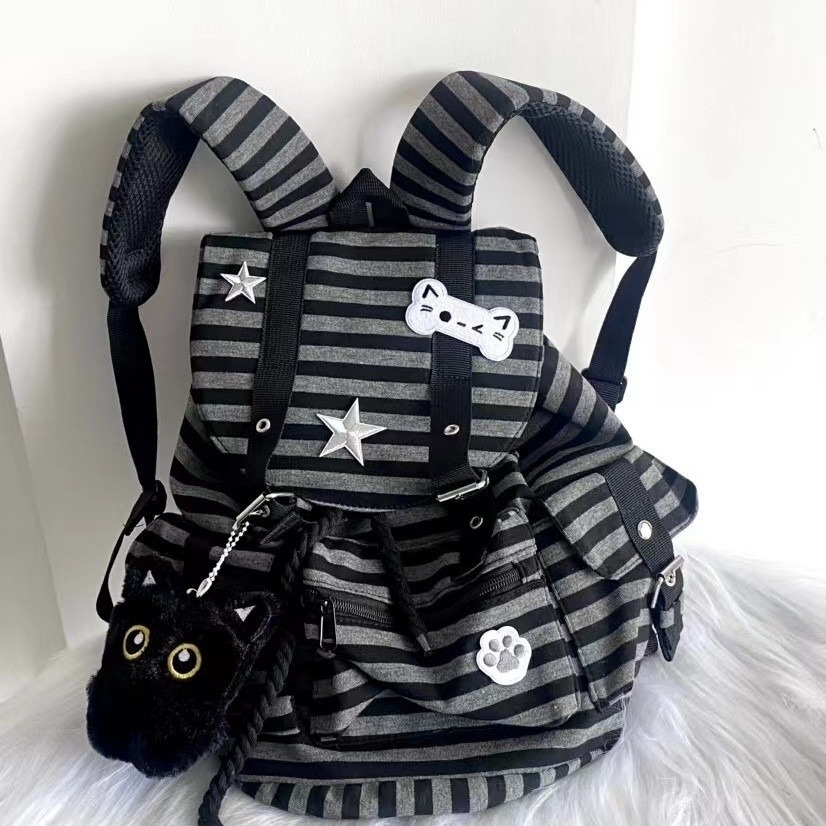 Functional Style Retro Striped Backpack สไตล์ใหม่ All-Match ขนาดใหญ่นักเรียนมัธยมปลาย Class Leisure Bag ins