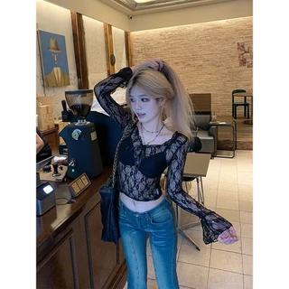 Glassy Sky💖พร้อมส่ง💖เสื้อคอกลม แขนยาวน่ารักมาก ดีเทลซีทรูบางเบาเซ็กซี เซ็กซี่ ใส่สบาย(61655)่