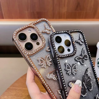 เคสโทรศัพท์สําหรับiphone 16 15 Pro Max 11 14 13 12 ผู้หญิงแฟชั่นหรูหราRhinestoneผีเสื้อDecor Shining Anti-scratch Soft TPUโทรศัพท์มือถือฝาครอบป้องกันFall-proof Shell