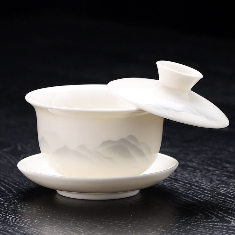 ระงับฝาครอบชามลาโนลินหยกถ้วยชา Kung Fu ชุดชา High-End ชาชาม#悬停盖碗羊脂玉茶杯家用功夫茶具高档茶碗3.13