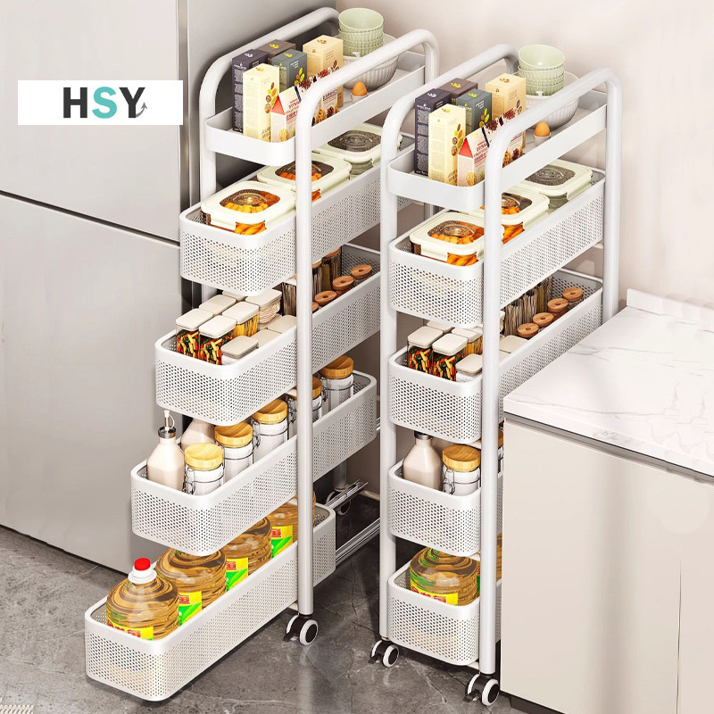 Hsy ชั้นวางของ 3/4/5ชั้น ชั้นวางเครื่องเทศในครัว พร้อมล้อ ชั้นวางของข้างตู้เย็น เหมาะสำหรับช่องว่างแคบๆ ประหยัดพื้นที่ ไม่ต้องประกอบ