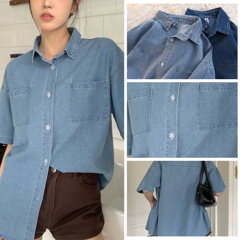 🔥【เตรียมส่ง】🔥เสื้อกระดุมแถวเดียวทรงหลวม เสื้อลำลองผู้หญิงดีไซน์บาง เสื้อเชิ้ตยีนส์แขนสั้น - รูปที่ 6