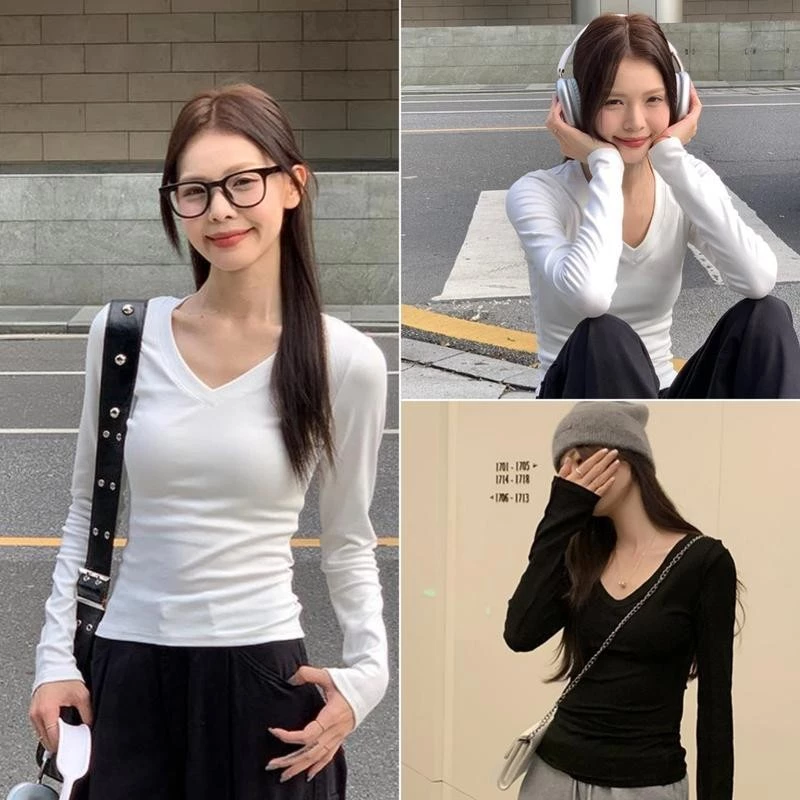 Anata พร้อมส่งจากกทม เสื้อยืดทรงซ้อ เสื้อยืดเข้ารูป เสื้อยืดแขนยาวผู้หญิง เสื้อยืดคอวีทรงเข้ารูปสไตล์เกาหลี