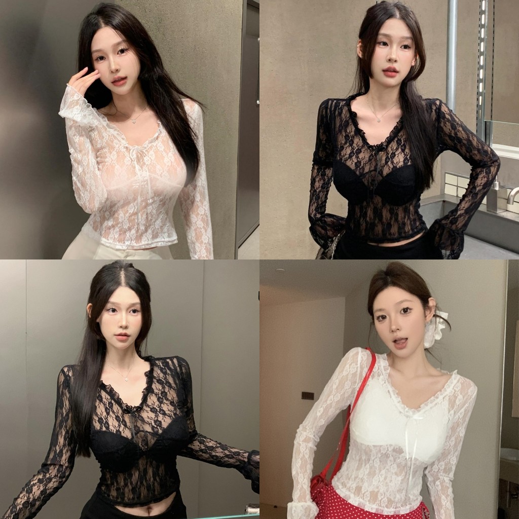 🎆Anne🎆เสื้อแ สีทึบ ผ้าลูกไม้ เข้ารูป ผ้านิ่ม ซีทรู คอกลม เสื้อแขนยาว สไตล์เซ็กซี่ เท่ๆ ทรงสวย🌙#61655