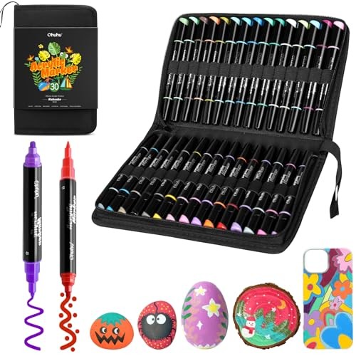 Ohuhu Acrylic Marker Pens 30 Colors Thick and Fine Tips Acrylic Paint Markers Opaque Water-Based Pen