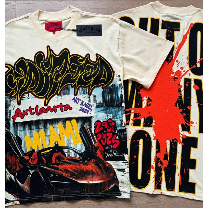 ยิงจริง Godspeed street รถสปอร์ตพิมพ์ผ้าฝ้ายแท้คอกลมเสื้อยืดแขนสั้น