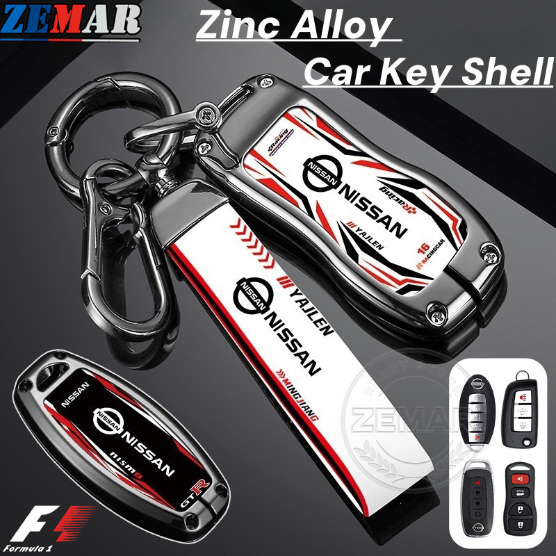 Nissan สไตล์รถแข่ง ฝาครอบกุญแจโลหะผสมสังกะสี เคสป้องกันสมาร์ทคีย์ เคสกุญแจรถยนต์ พวงกุญแจรถยนต์ พวงกุญแจ อุปกรณ์เสริมรถยนต์ Nissan Kicks Note Almera Terra Navara nismo xtrail March Teana Leaf Juke Sylphy
