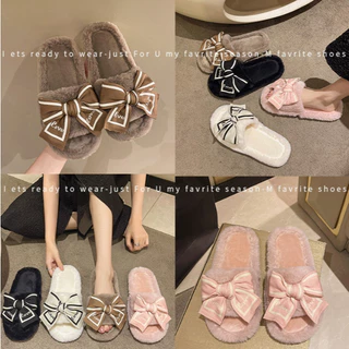 Yuki🎀SH-1-30 รองเท้าสลิปเปอร์ รองเท้าแตะใส่ในบ้าน ขนนุ่ม แต่งโบว์ใหญ่น่ารักไฮโซ