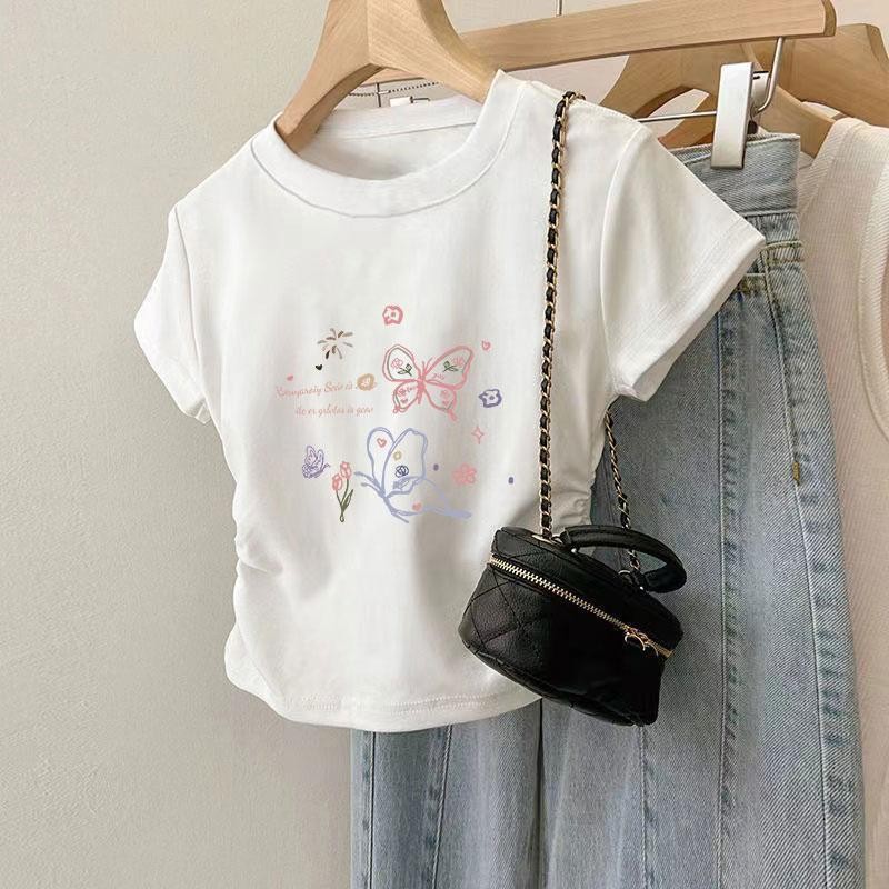 [พร้อมส่งจากกรุงเทพ] เสื้อยืดแขนสั้น เอวจั้ม เสื้อเอวจั้ม เสื้อยืดผู้หญิง ลายสกรีน เสื้อยืดได้เยอะมาก ผ้าไม่หนา ใส่สบาย
