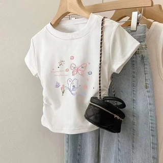 [พร้อมส่งจากกรุงเทพ] เสื้อยืดแขนสั้น เอวจั้ม เสื้อเอวจั้ม เสื้อยืดผู้หญิง ลายสกรีน เสื้อยืดได้เยอะมาก ผ้าไม่หนา ใส่สบาย