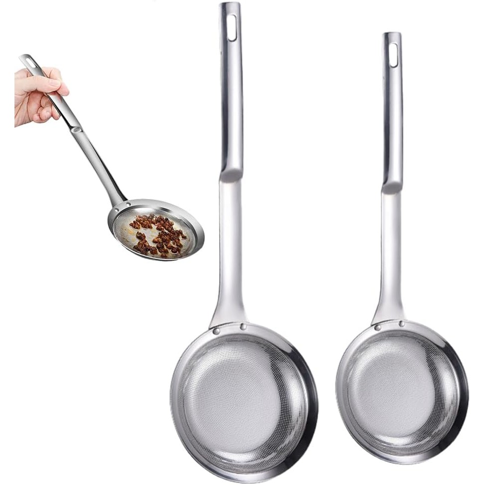 ช้อนกระชอนตาข่ายละเอียด Fine Mesh Skimmer Spoon สแตนเลส สำหรับกรองน้ำมัน ซุป และทอดอาหาร
