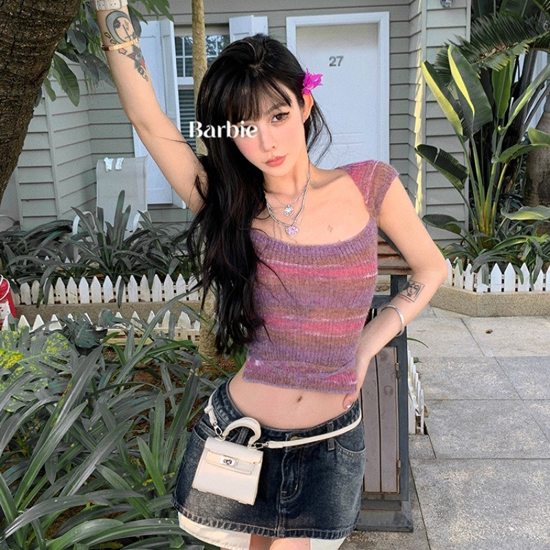 ท็อปแขนสั้นถักลายทางสำหรับผู้หญิง ฤดูใบไม้ผลิใหม่ คอเหลี่ยม เซ็กซี่ ผูกเน็คไท ทรงเข้ารูป ท็อปครอป ZV