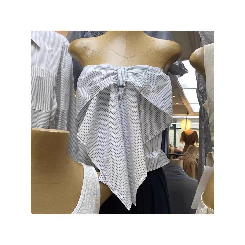 ฝรั่งเศสสีขาวลาย Bowknot ไม่สม่ําเสมอแขนกุด Tube Top Camisole ผู้หญิงฤดูร้อน 13-Line ใหม่ Top Jockey