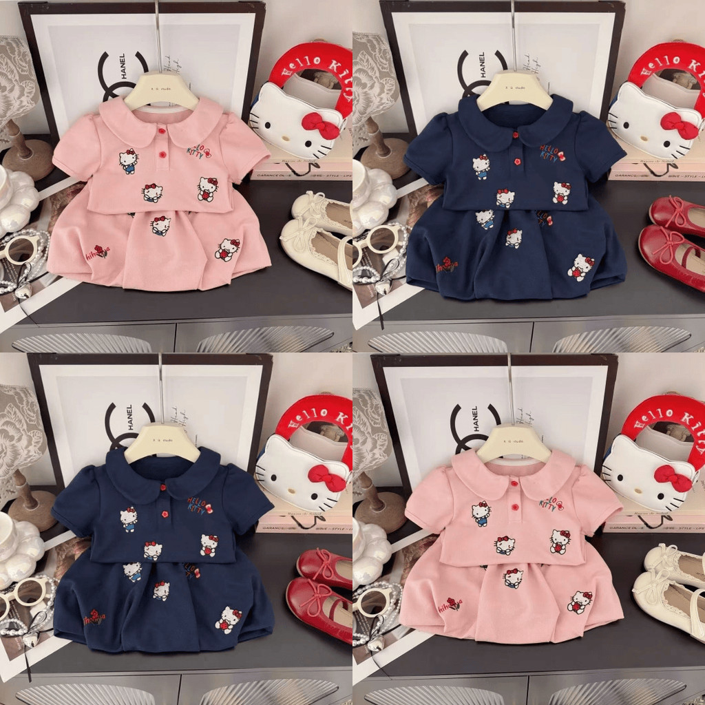 ชุดเสื้อยืดแขนสั้นคอปกนัวเนียและกระโปรงลายคิตตี้สําหรับเด็กผู้หญิง1-8ปี สะระแหน่ กวางโจว GS1370