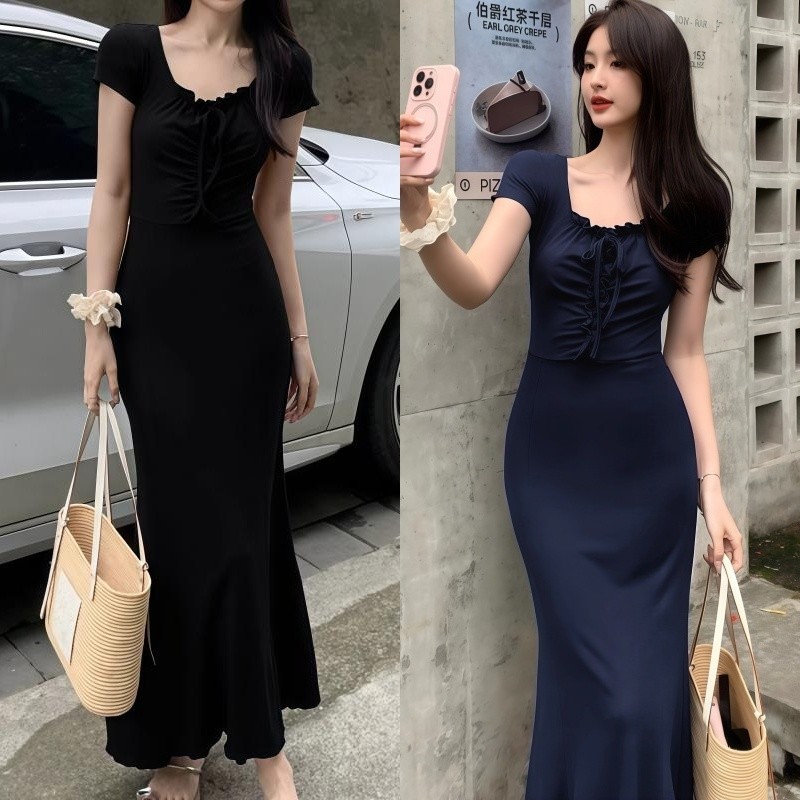 Kaekai พร้อมส่ง เดรสยาว คอยู แขนสั้น ดีไซน์สม็อคกลางอก เก๋ๆ ทรงสวยเข้ารูป ผ้าเรยอน ยืดๆ แบบทิ้งตัว ใส่สบายมาก