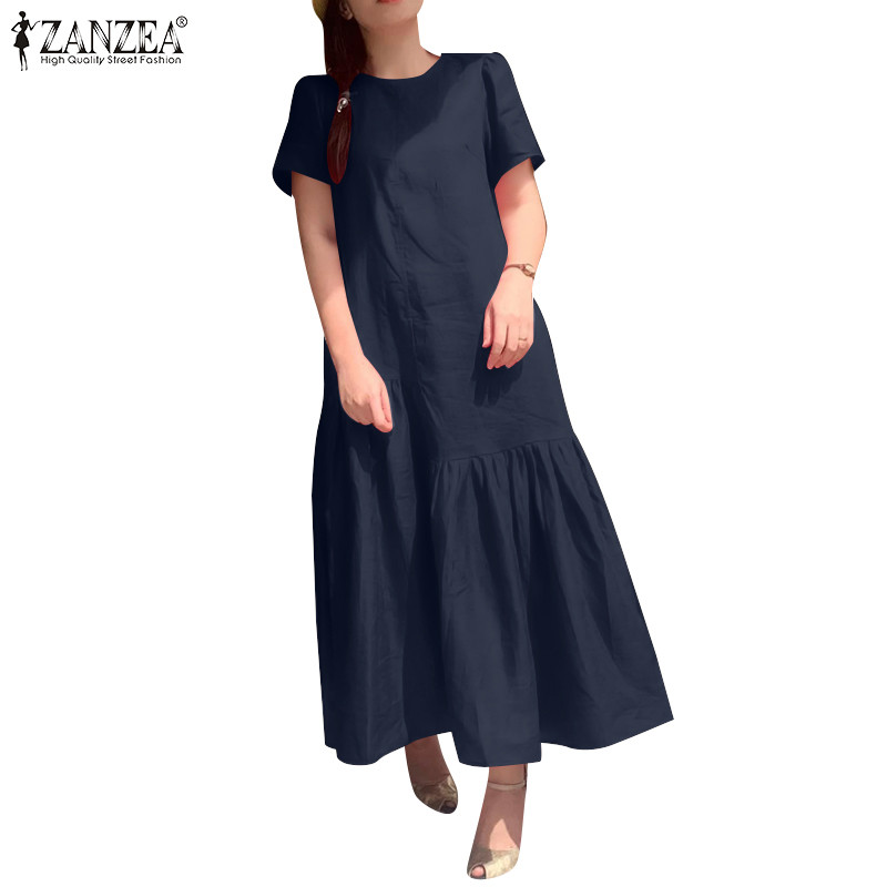 Zanzea ชุดเดรสคอปกกลมสําหรับผู้หญิงเกาหลีพักผ่อน