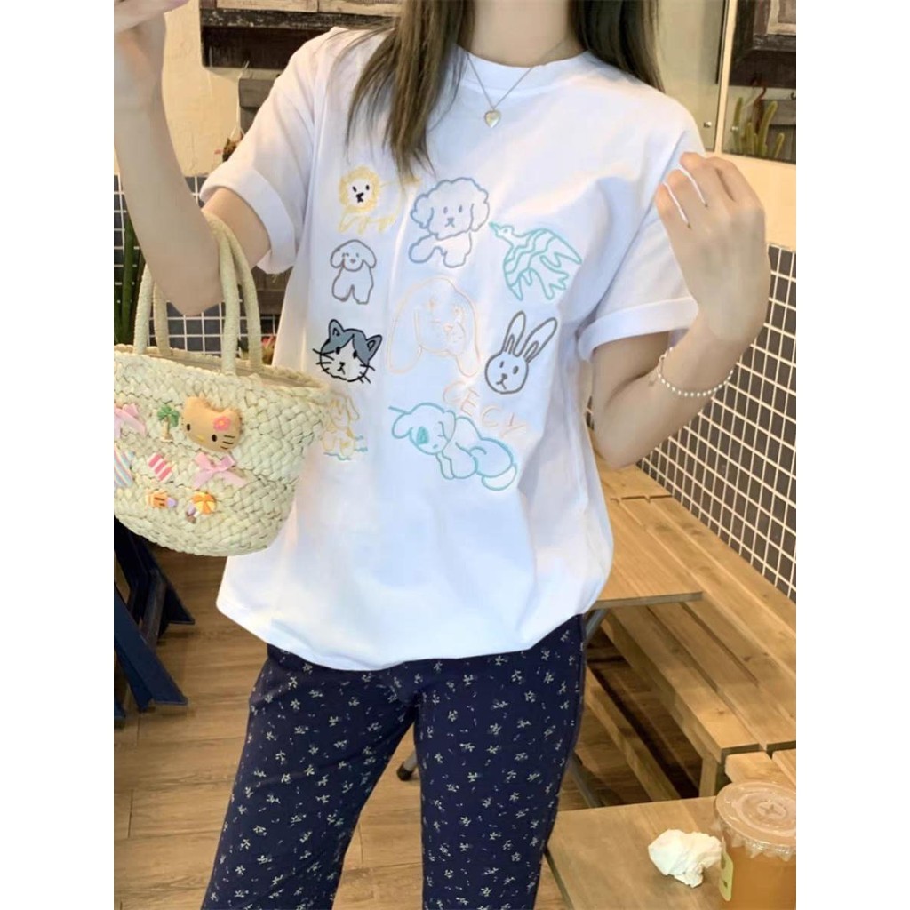Basi💥เสื้อยืดผู้หญิง เสื้อยืด oversize เสื้อคอกลม เกรดพรีเมียม เสื้อคอตตอน100% ไม่หดตัว ใส่สบาย ลาย "Line Dog"
