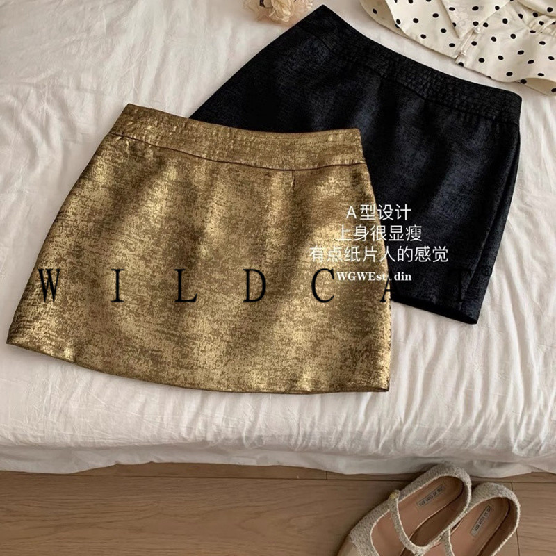 Golden Shiny กระโปรงผู้หญิงสไตล์ใหม่เอวสูง Slimmer ดู Classy Chanel สไตล์ a-Line กระโปรงสะโพกกระโปรงสั้น