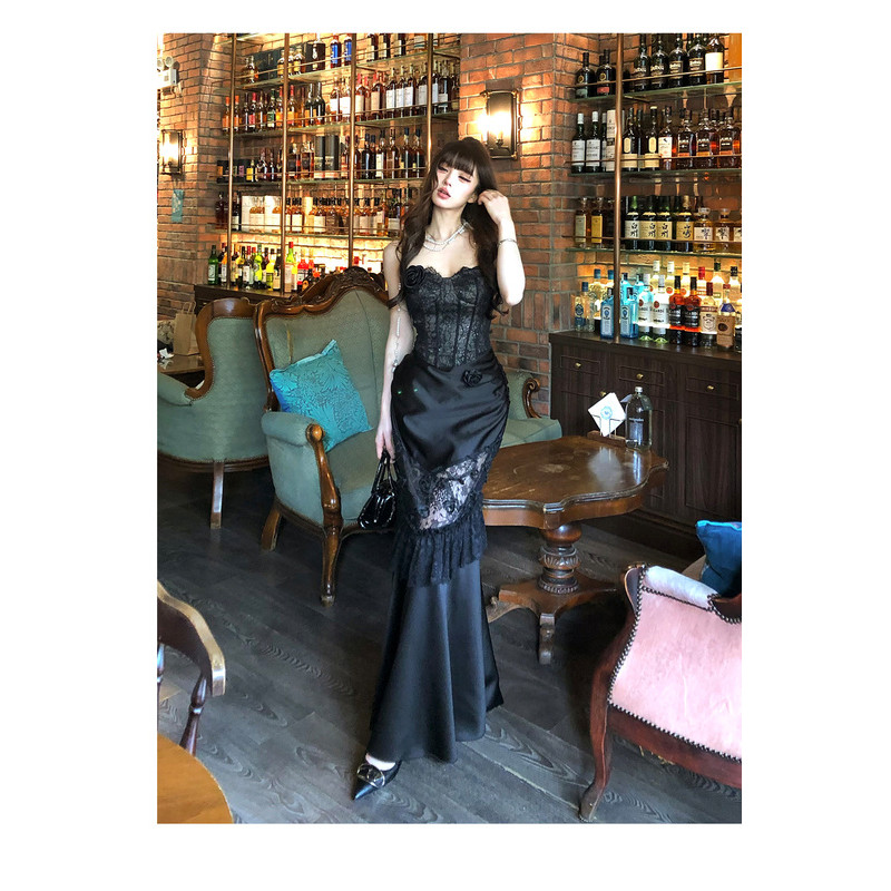 Xyzkuli Cool High-End French Lace Royal Sister Dress หญิงฤดูร้อนไหล่เดียวกระโปรงยาว - รูปที่ 5