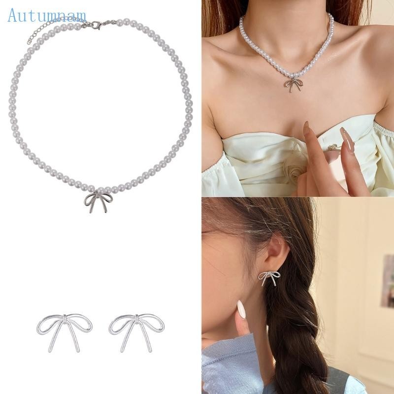 Autu เครื่องประดับ สร้อยคอ ต่างหู ประดับโบว์ ไข่มุก สไตล์ลําลอง เป็นทางการ